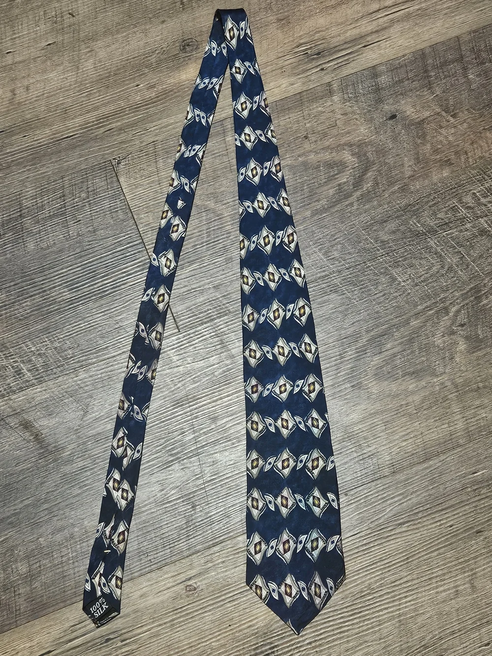 Wembley Navy Patterned Silk Tie with Gold and White Accents
